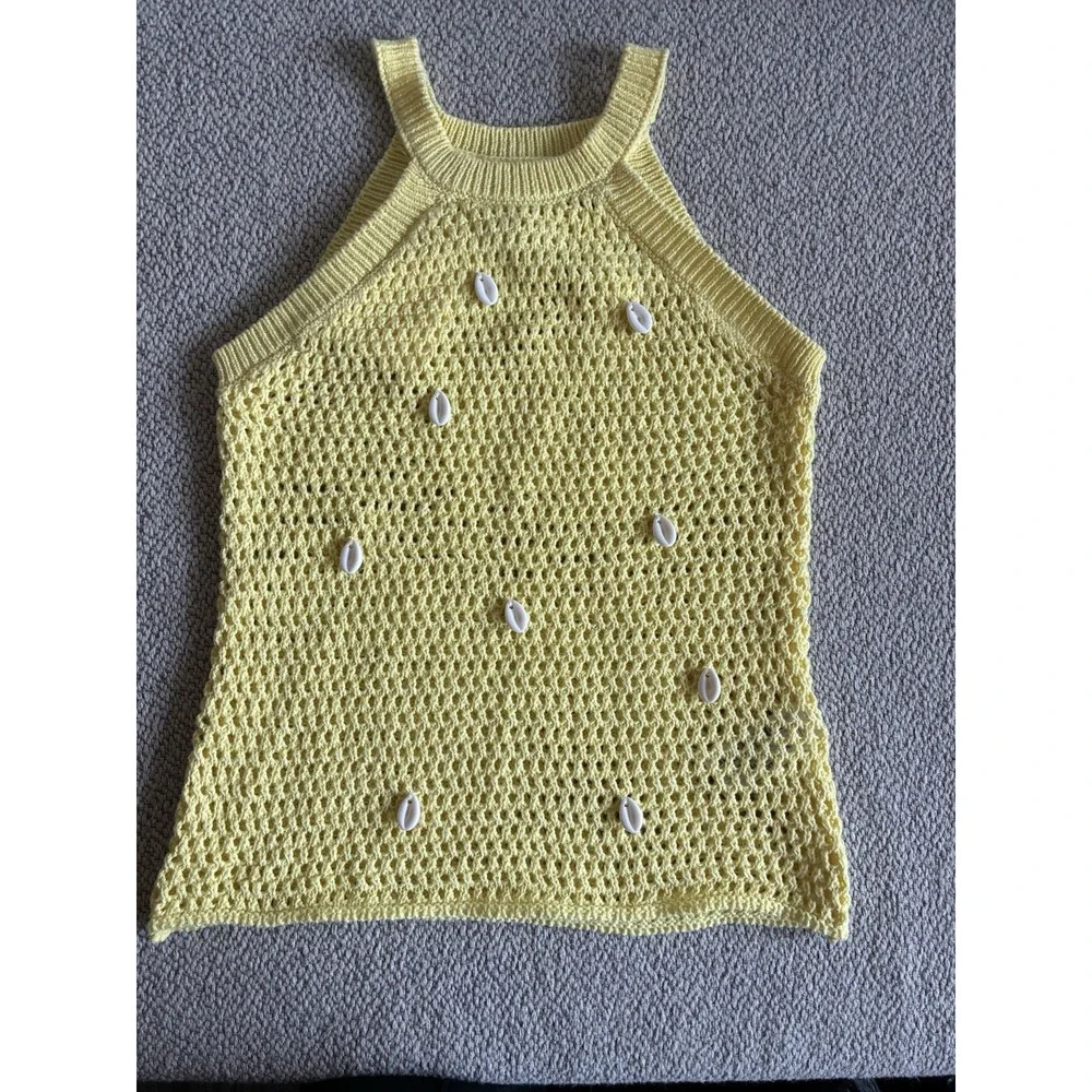 ZARA Girls Yellow Crochet Knit Top Shell Accents 100% Cotton NWT 11-12Y